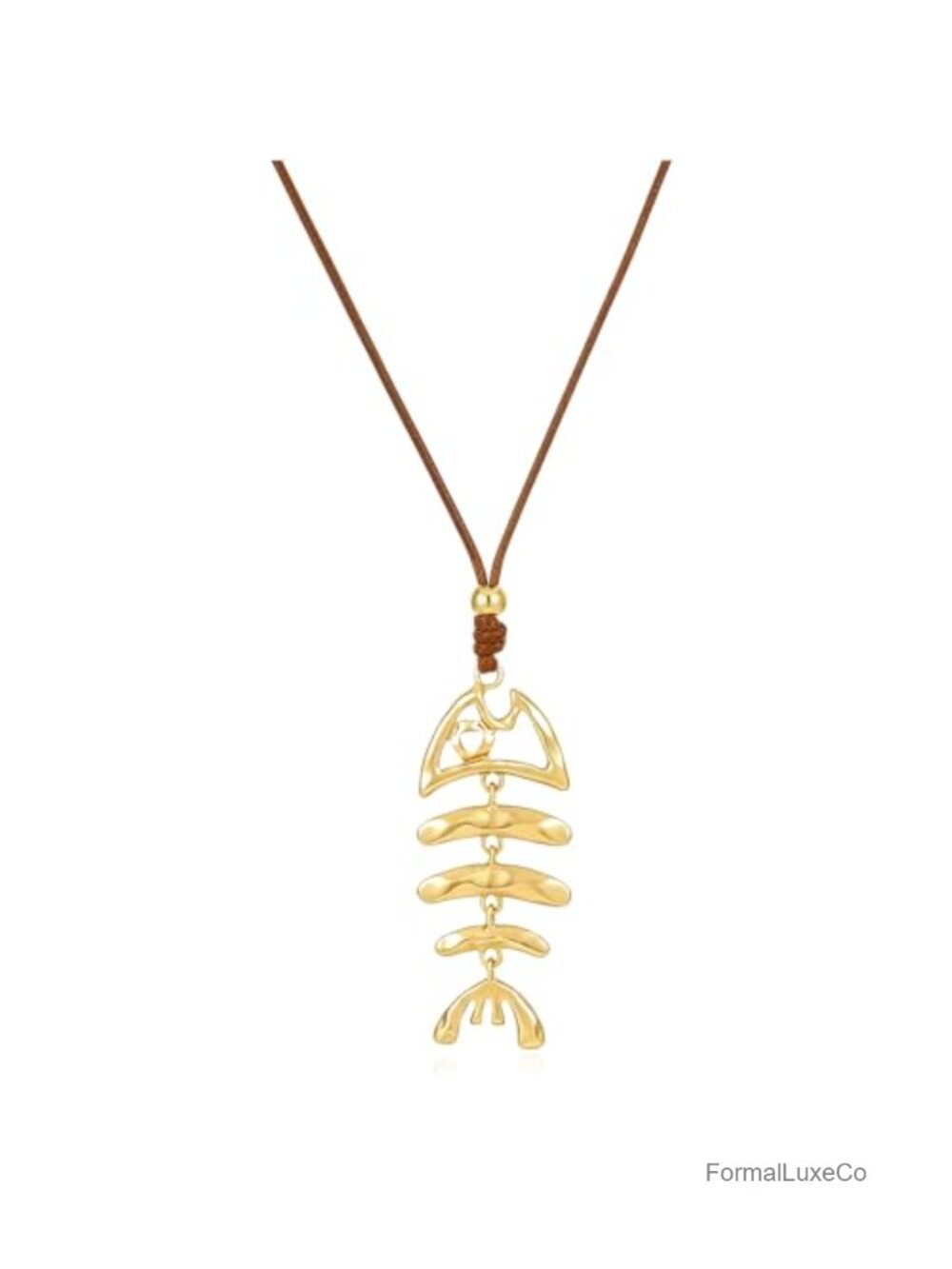 Gold Plated Fish Bone Pendant Long Necklace, Boho Statement Jewelry